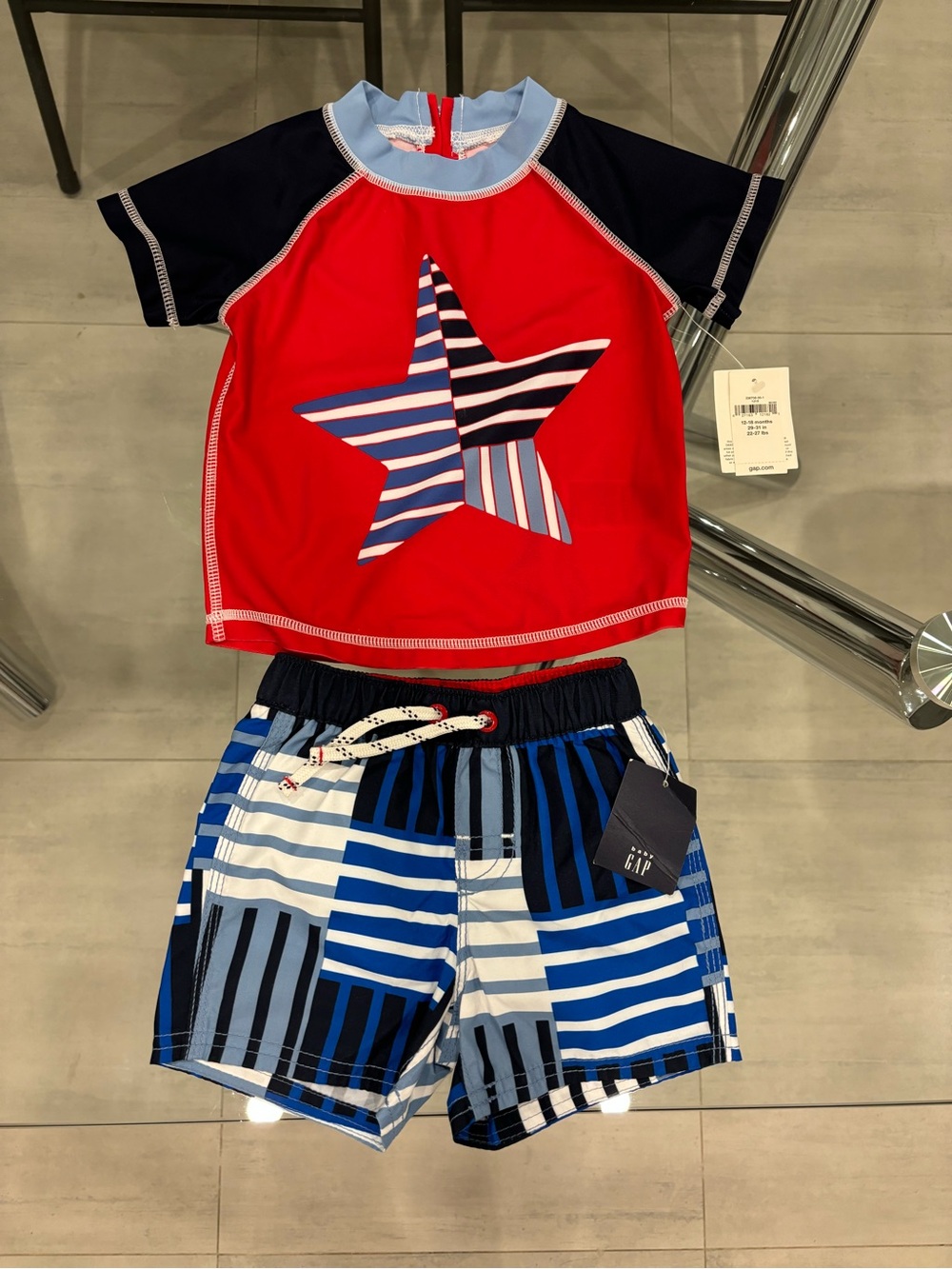 GAP Kids Red Star Rash Guard Set with Blue Stripe Swim Shorts